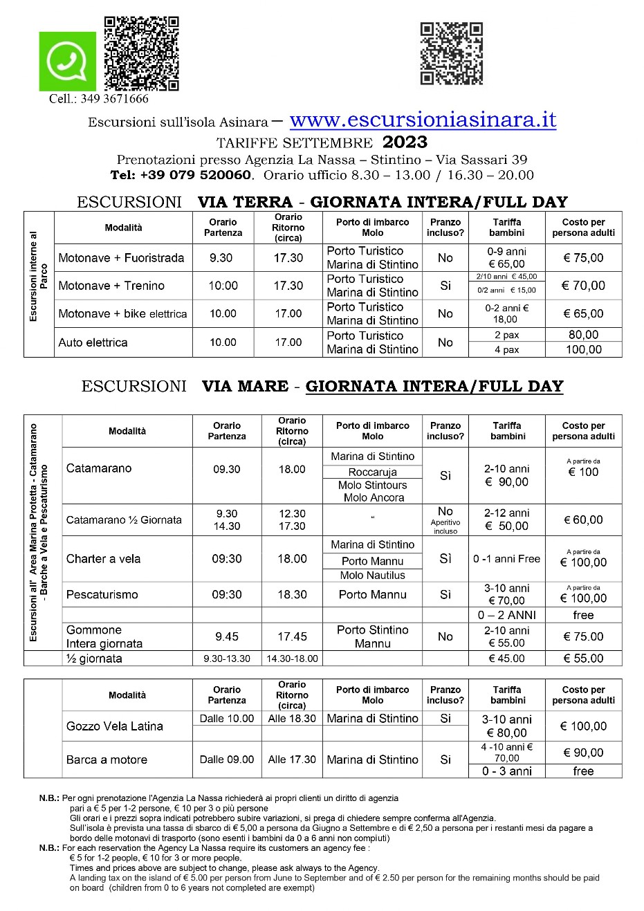 Tariffe Escursioni Asinara Settembre 2023